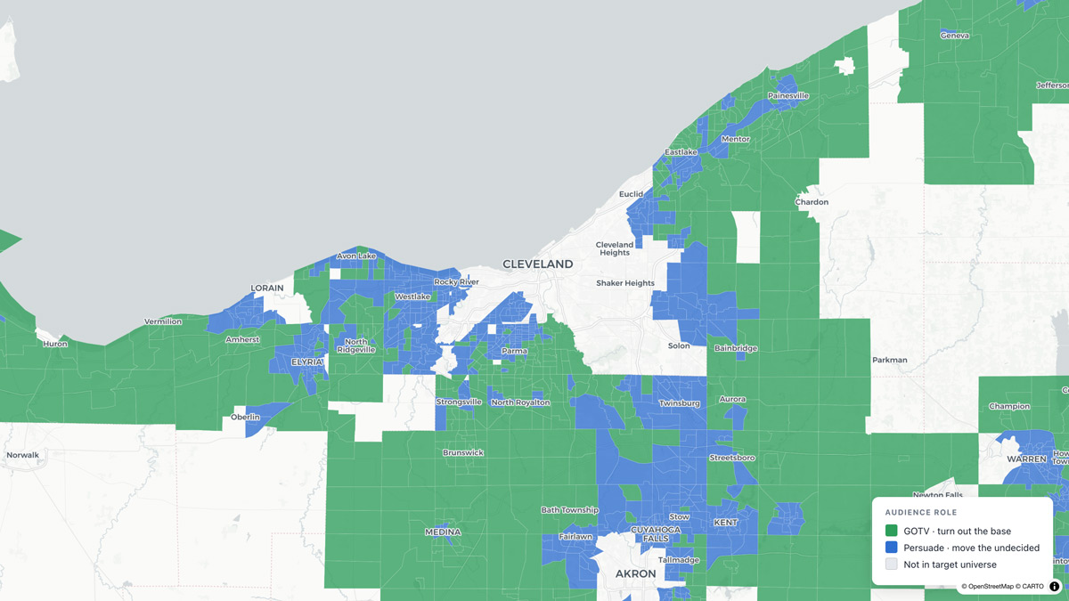 Cleveland and Akron metro at block-group resolution, with persuasion targets concentrated in inner suburbs like Parma, Westlake and Solon, and turnout targets across the surrounding region.