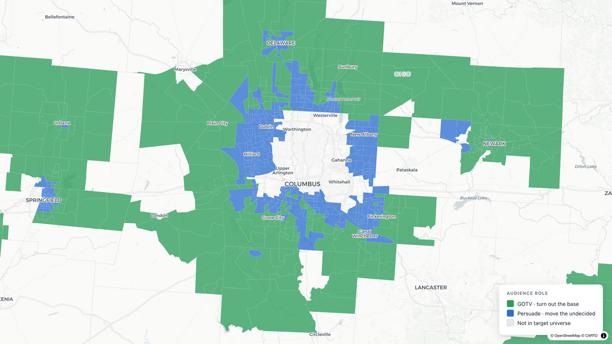Columbus metro at block-group resolution, with persuasion targets ringing the city through Dublin, Hilliard, New Albany and Pickerington, and turnout targets in the outer counties.