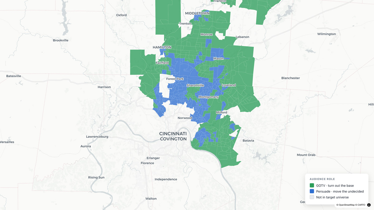 Cincinnati metro at block-group resolution, with persuasion targets clustered through Fairfield, Sharonville, Montgomery and Norwood, and turnout targets in the surrounding suburbs.