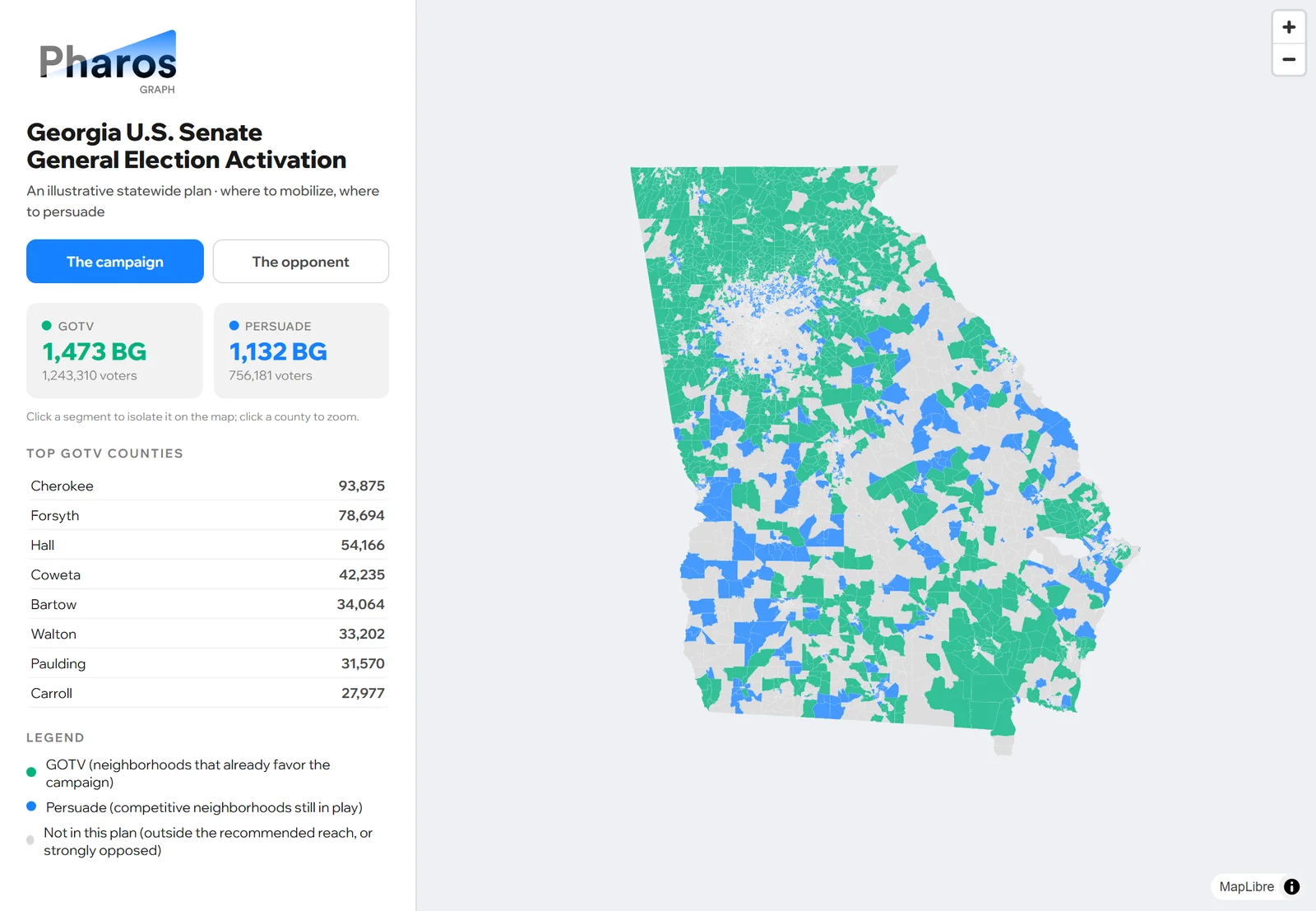 The AudienceScape board for an illustrative Georgia U.S. Senate activation plan. Every Georgia neighborhood is shaded by its role in the plan: green for the GOTV block groups, blue for the persuade block groups, and grey for block groups outside the recommended reach or strongly opposed.