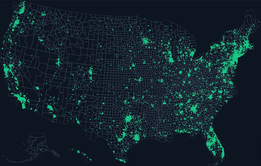 Map of the United States. One dot for every 5,000 registered voters whose main cost of living driver is housing.