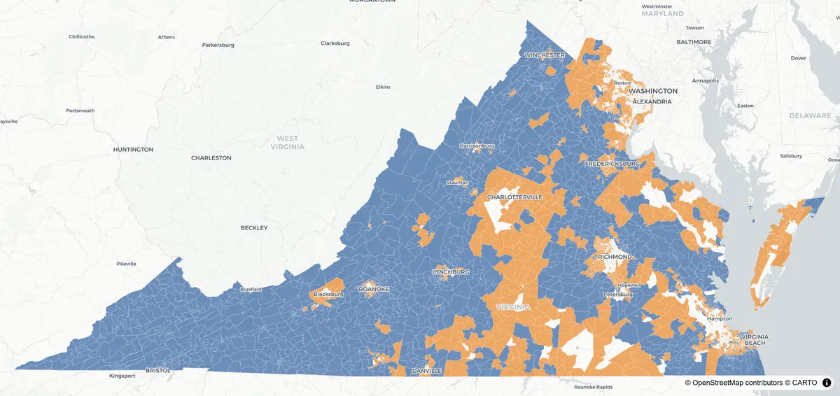Virginia's 2026 redistricting ballot measure, mapped across 3,741 Census block groups in the oppose campaign's activation universe. Blue block groups are the turnout target, concentrated across southwest and central Virginia; orange block groups are the persuasion target, concentrated around Washington, Richmond, Charlottesville, Hampton Roads and the Eastern Shore.