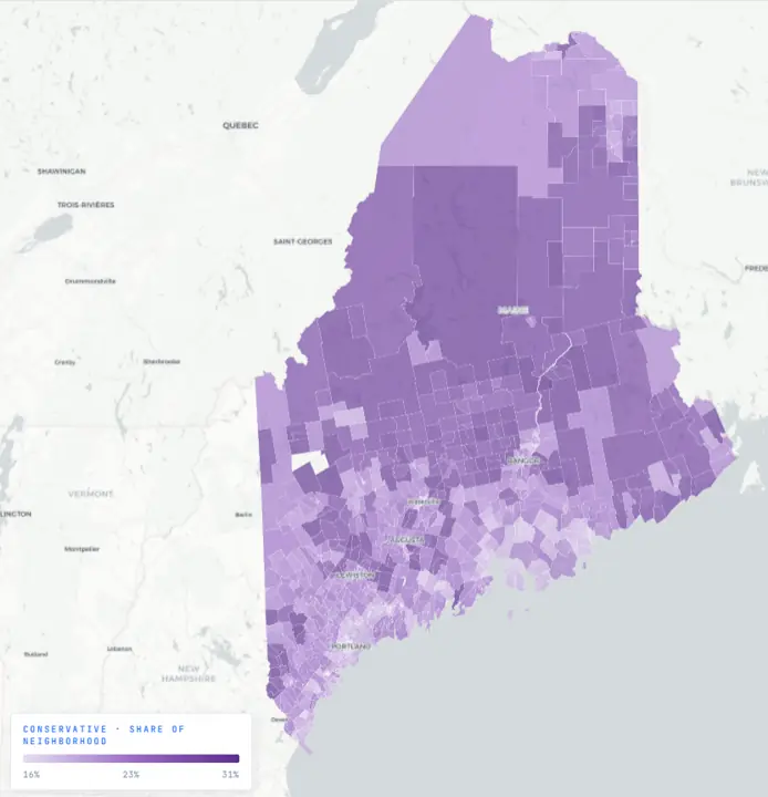 VoterScape in Maine, conservative stance on data centers. Every neighborhood shaded by the share of its residents taking that position, from 16 to 31 percent.