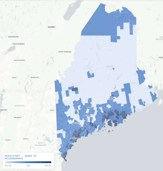 VoterScape in Maine, regulatory stance on data centers. Every neighborhood shaded by the share of its residents taking that position, from 34.9 to 54.2 percent.