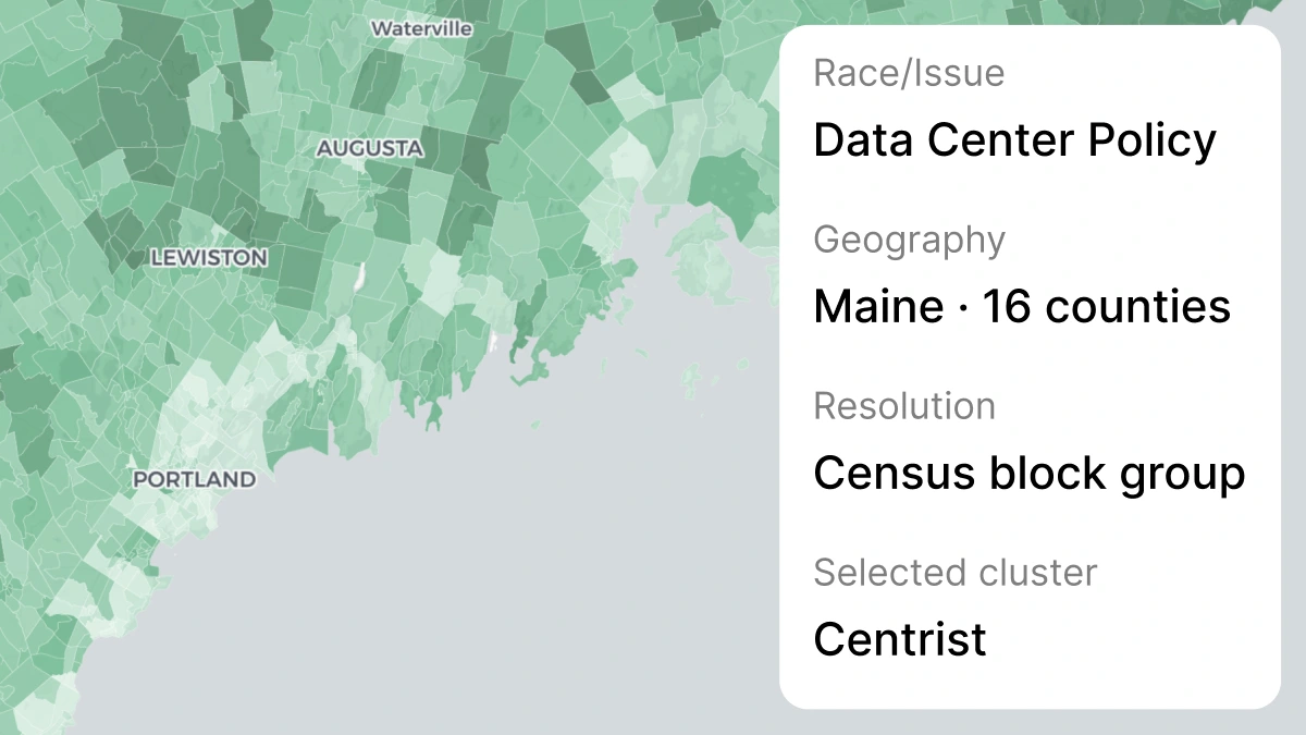 Neighborhood map of Maine with a panel showing race, geography, resolution, and selected cluster.