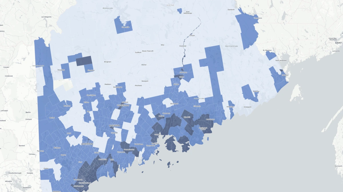 Neighborhood-level opinion map of Maine on data center and energy policy.