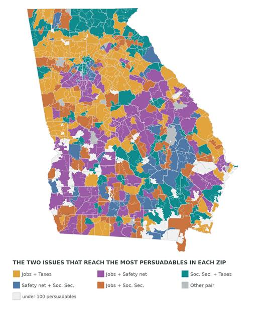 Map of Georgia coloring each ZIP by the pair of issues that reaches the most persuadable voters there: jobs and taxes, jobs and the safety net, Social Security and taxes, the safety net and Social Security, or jobs and Social Security.